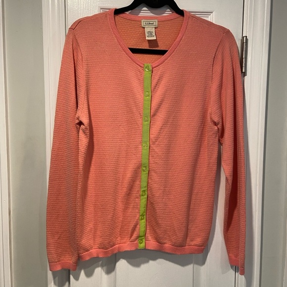 L.L. Bean Size M Coral Lime Green Stripe Lightweight Cotton Button Cardigan - Picture 1 of 10